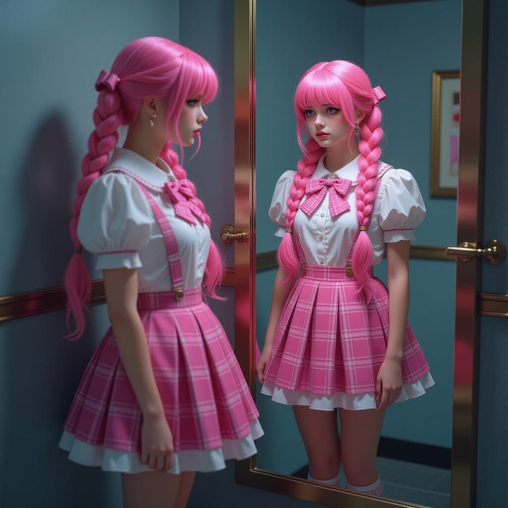 Melancholic Pink-Haired Woman in Dressing Room