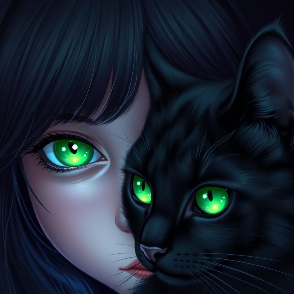 Mystical Girl and Cat with Glowing Eyes