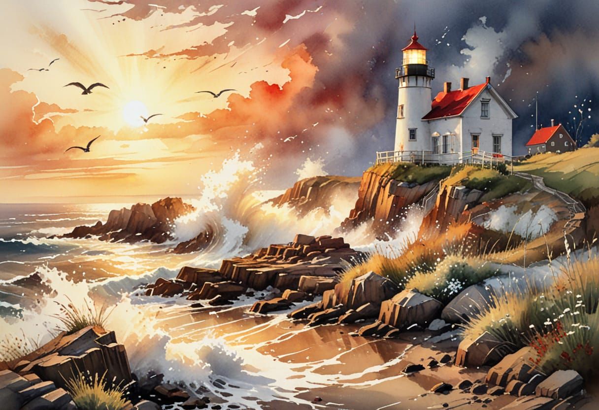 Golden Hour Lighthouse Watercolor Painting on Rocky Coast