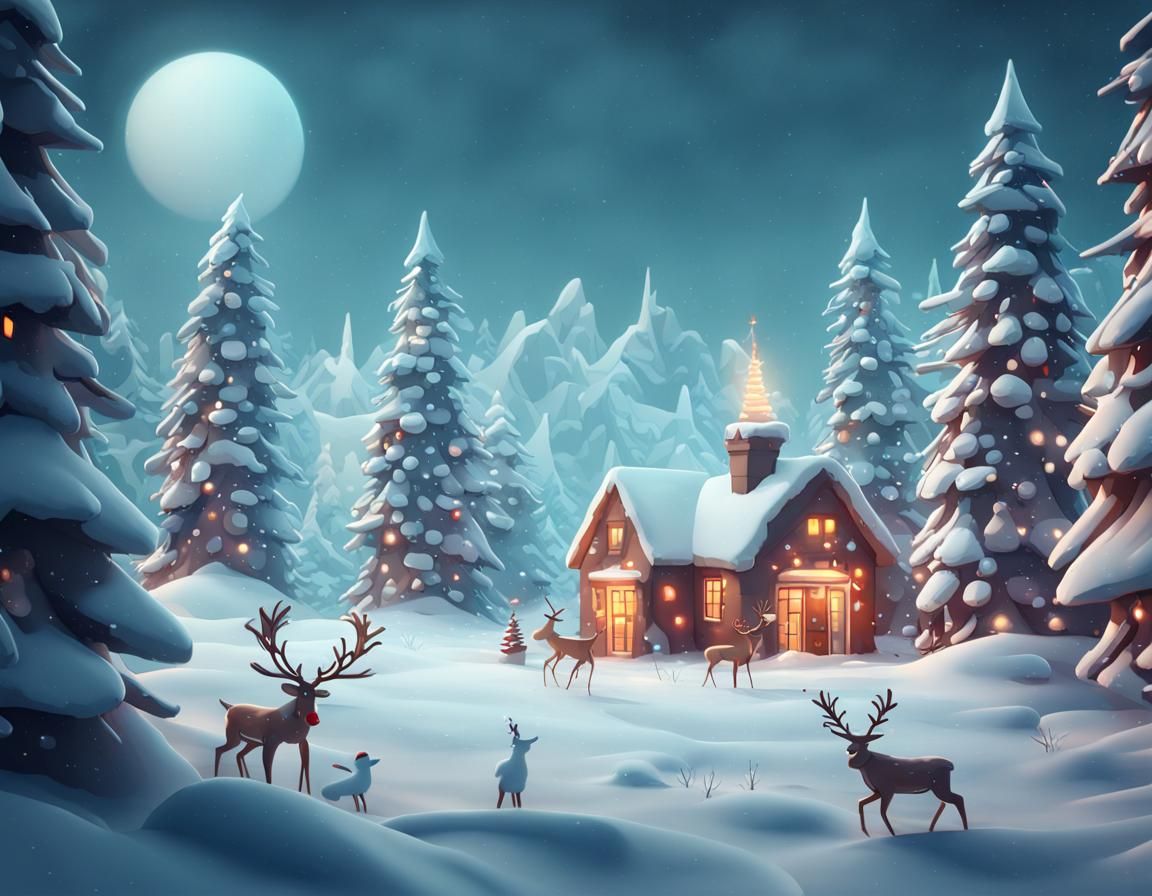 Christmas Pines and Snowman in Matte Painting Style