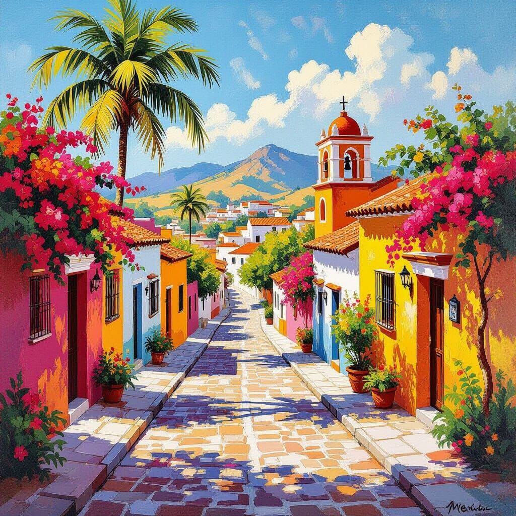 Vibrant Mexican Village Scene in Impressionistic Style