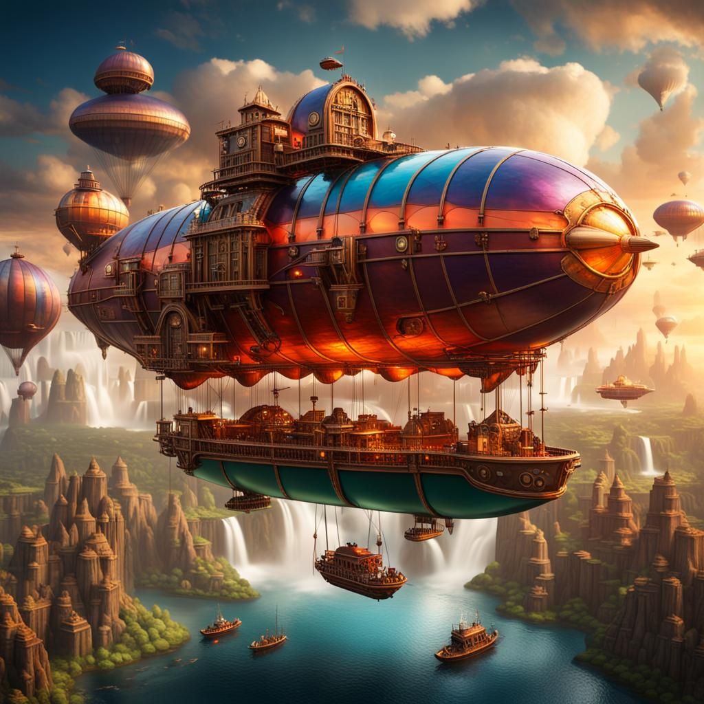 Steampunk World with Airships and Floating Islands