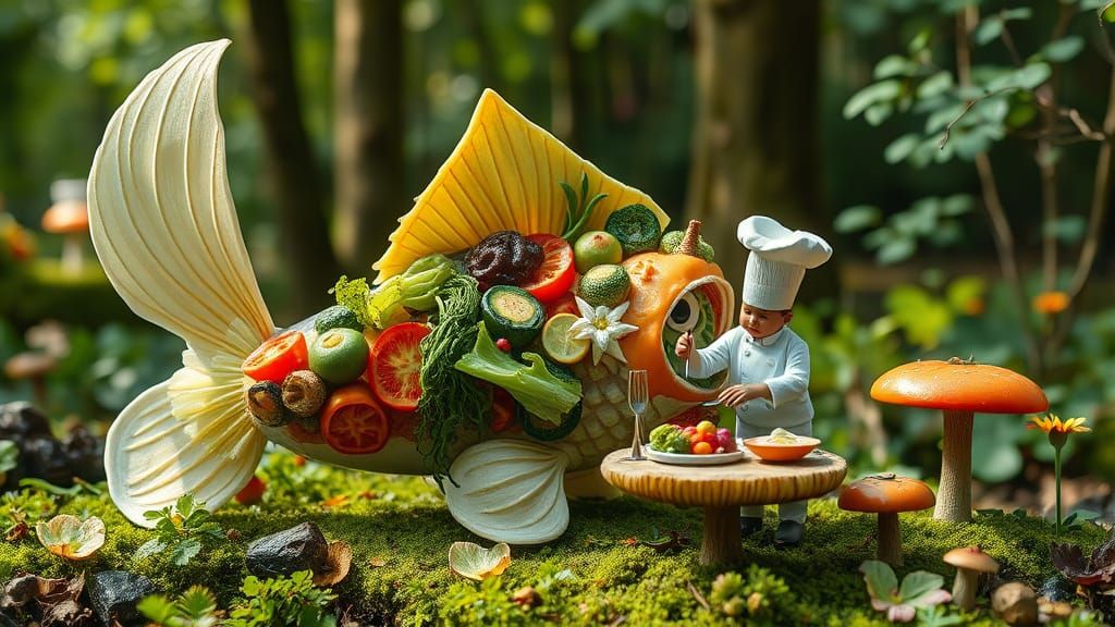 Vegetable Koi in Whimsical Forest, Semi-Abstract Art