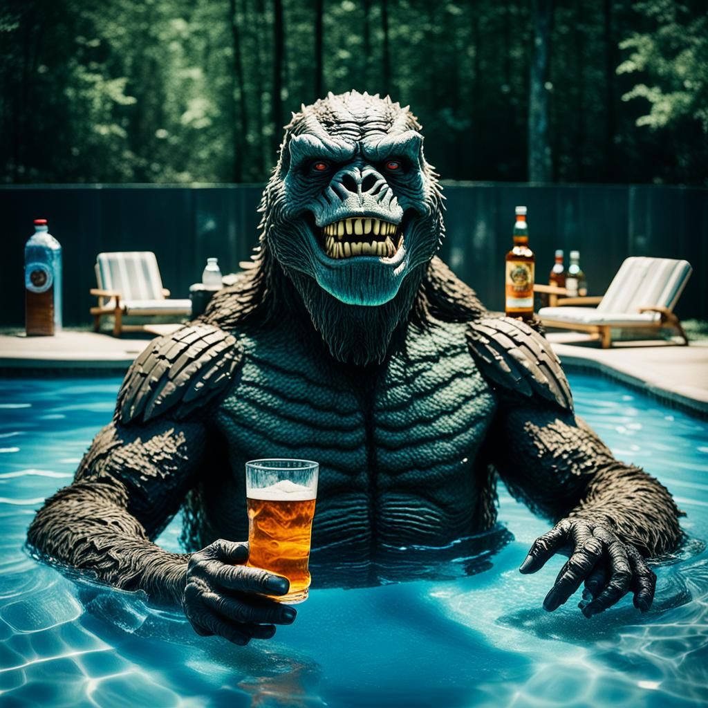 Bigfoot Lounging Poolside: A Cinematic Film Still