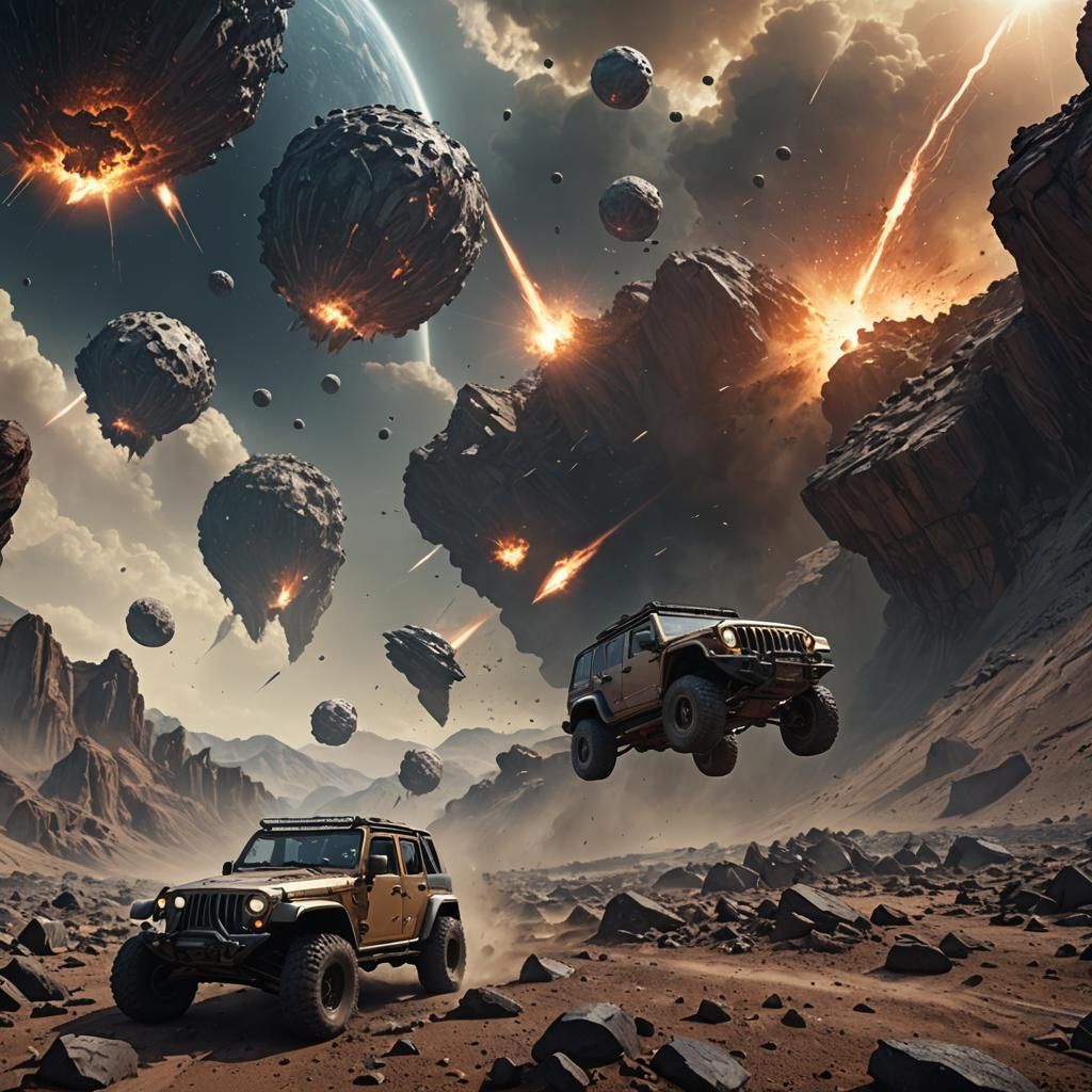 Jeeps Evade Meteors on Rocky Planet