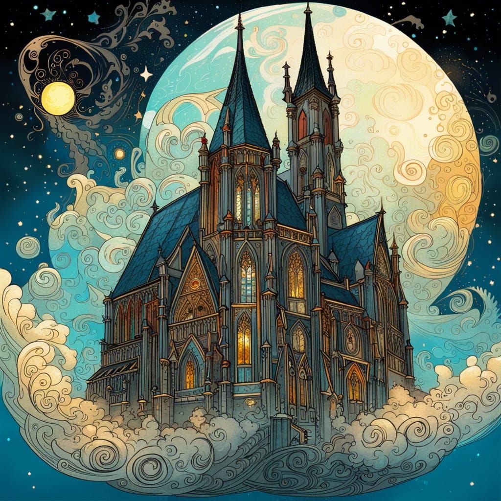 Flying Gothic Cathedral in a Comic Book Style
