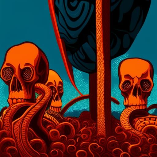 Skulls and Snakes Ride a Neon Carnival in Cubist Style