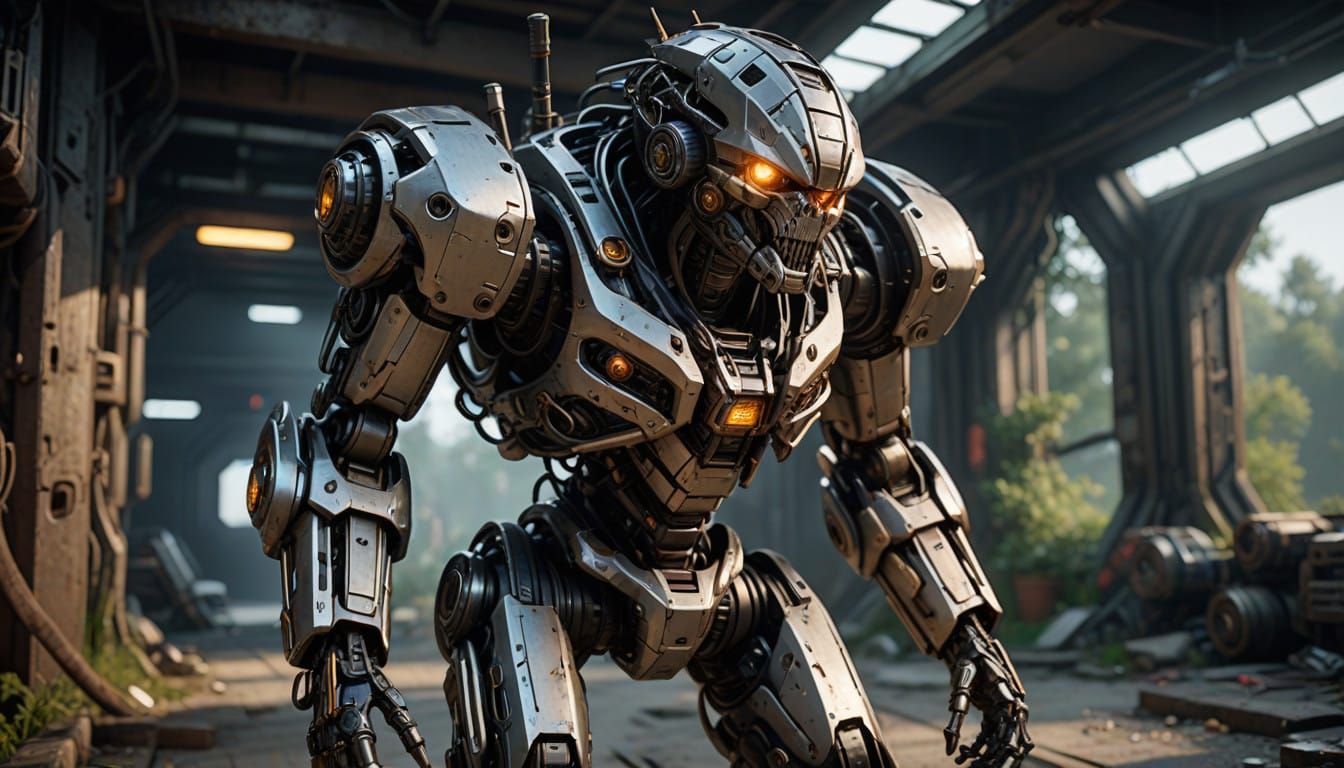 Intricately Detailed Sci-Fi Mech in Polished Metal, Epic 3D...