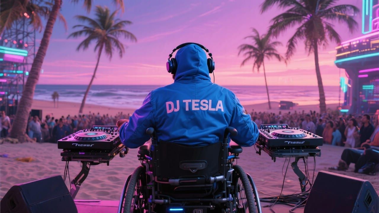 Disabled Indian DJ in Futuristic Neon Beach Party