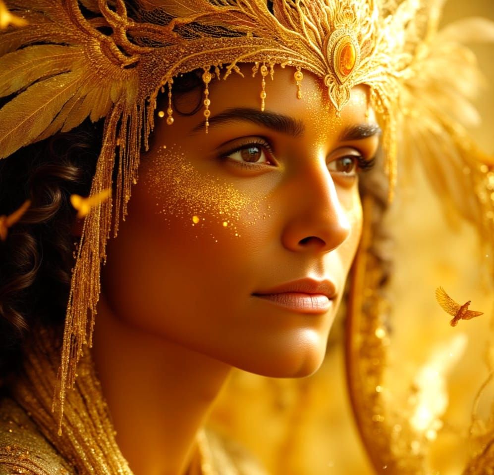 Apollo Portrait with Golden Birds in Sunlight