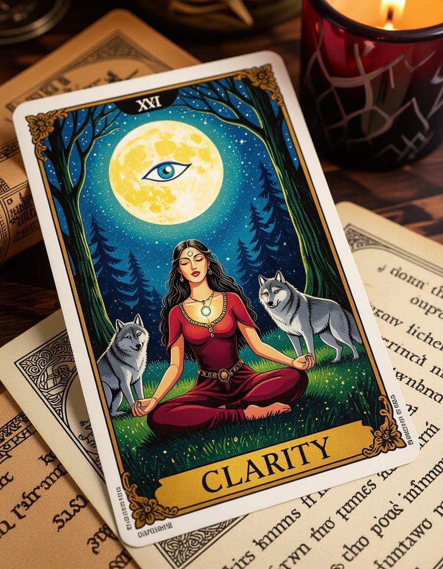 Clarity Tarot Card: Woman Meditating with Wolves