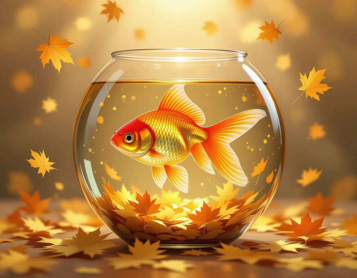 A golden fish swimming in the golded bowl, surrounded by golden autumn leaves. Style: Minimalism