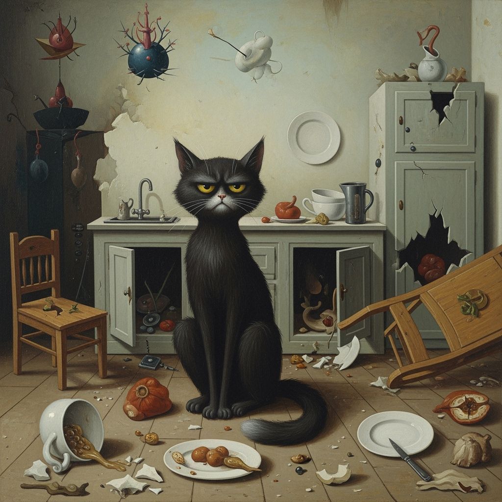 Grumpy Cat in Surreal Devastated Kitchen Painting