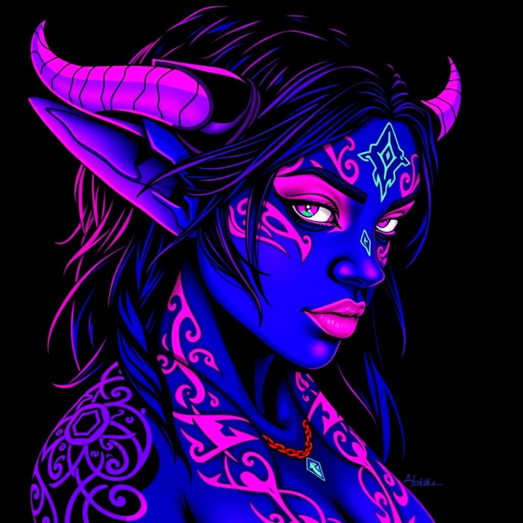 Tiefling Woman with Fluorescent Tribal Tattoos