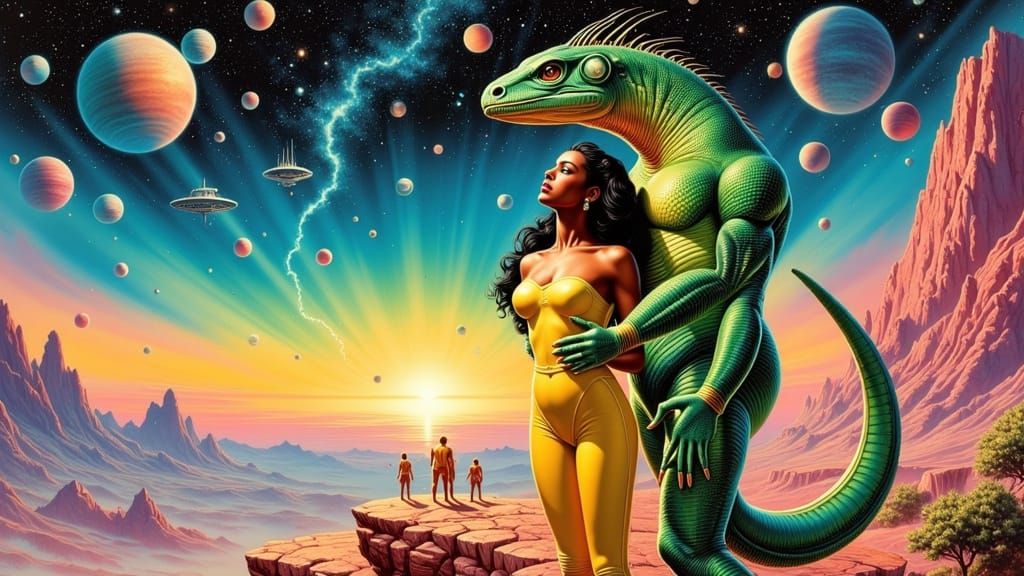 Retro Futuristic Alien Warrior Protects Human Woman in Space