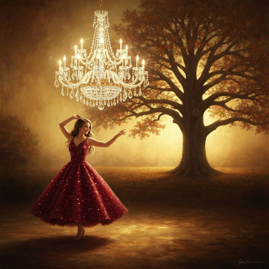 Crimson Dancer in Autumn Light, Neo-Romantic Oil Painting