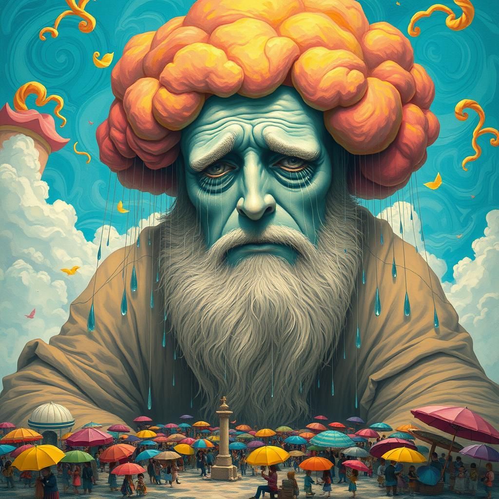 Melancholic Giant Weeping in Dreamlike Candyland