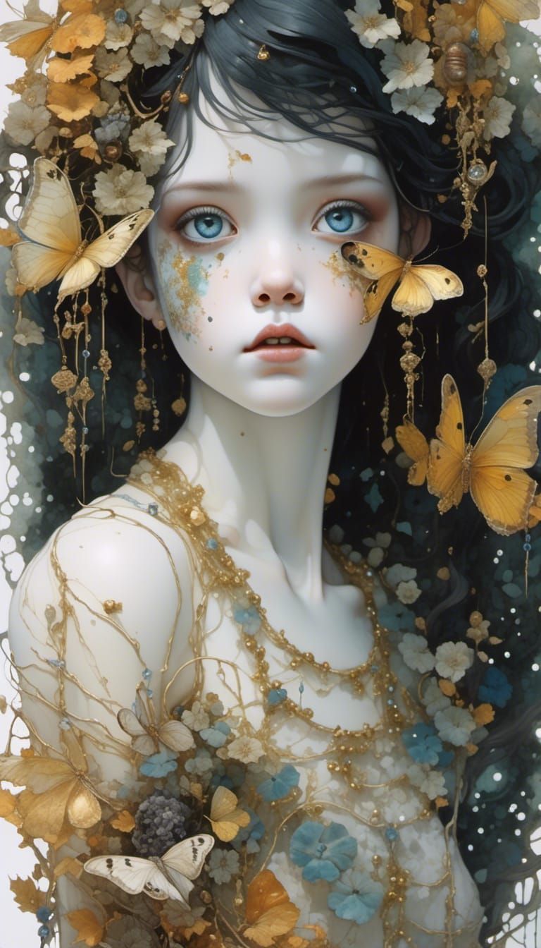 Glass and Gold Porcelain Doll Portrait in Watercolor Style