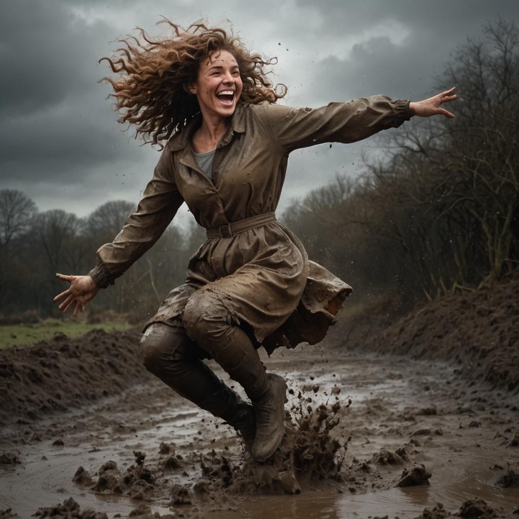 Cheerful Woman Joyfully Jumping Through Mud