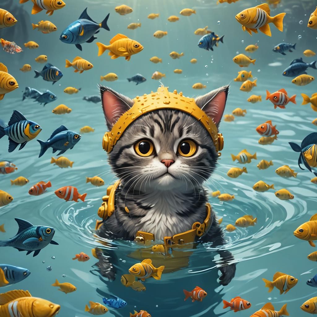 Kitten Snorkeler in a Pixar-Style Ocean