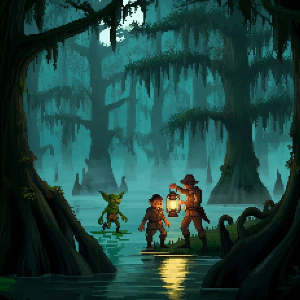 Pixel Art Goblin Battle in Moonlit Swamp