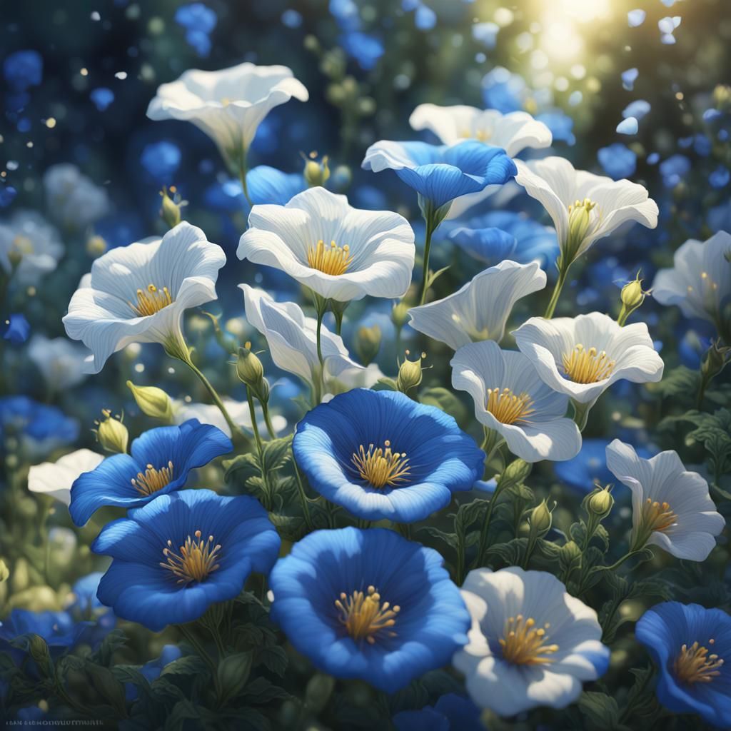 Lush Blue and White Convulvulus Flowers in Art Nouveau Style