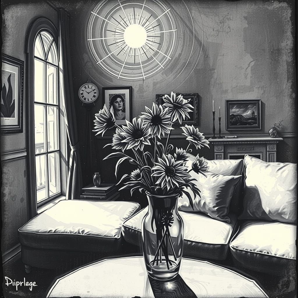 Dreamlike Black and White Scene with Red Balloons