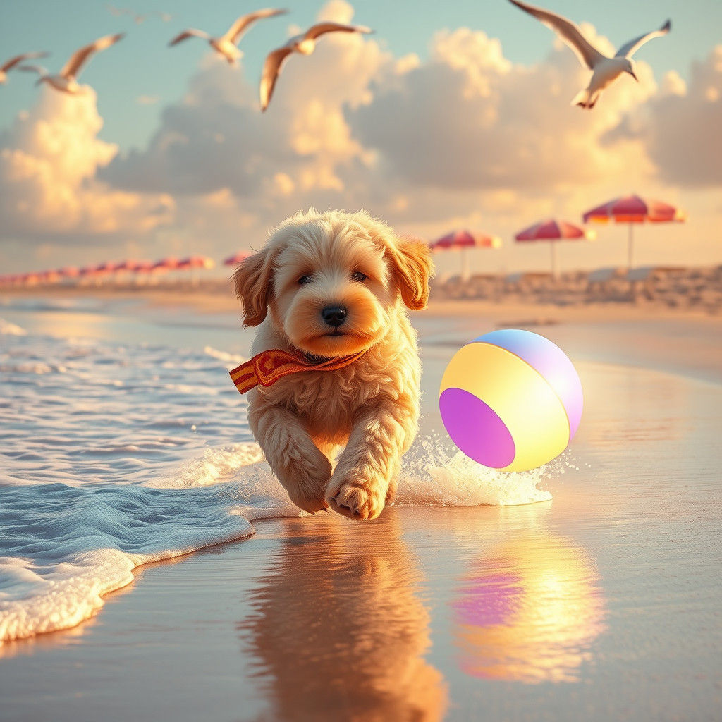 Golden Doodle Puppy's Beach Adventure: Digital Matte Paintin...