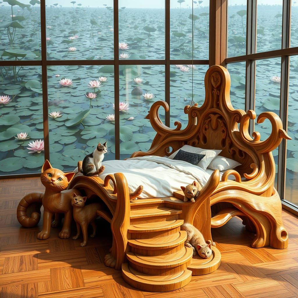 Realistic Wooden Cat Bed in a Glass Room with Water and Lotu...