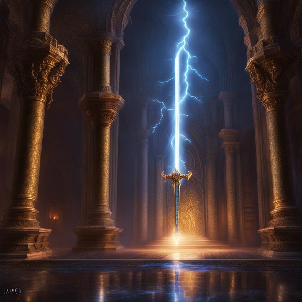 Sword Excalibur with Glowing Lightning: Digital Matte Painti...