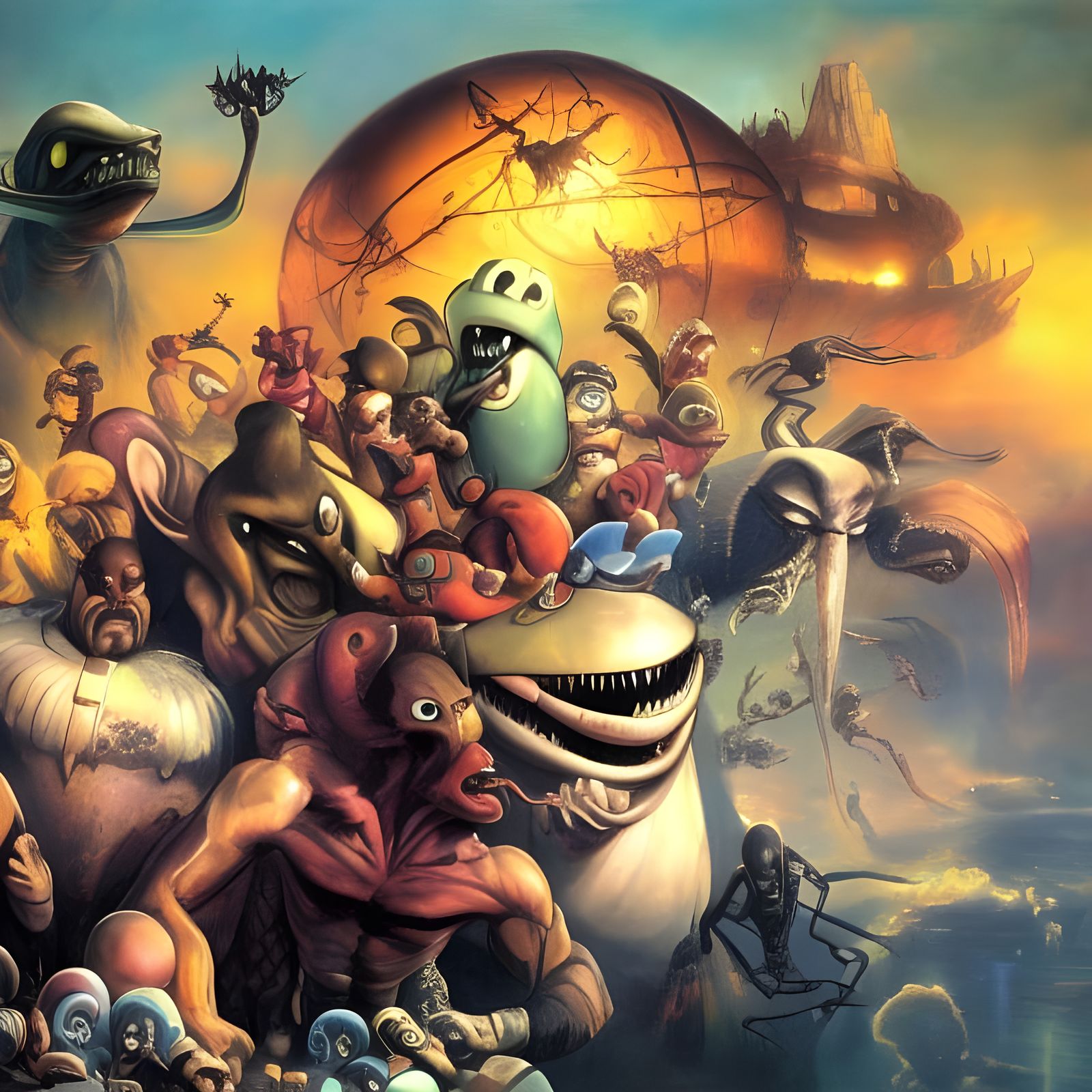 Surreal Cartoon Characters in a Maximalist Landscape