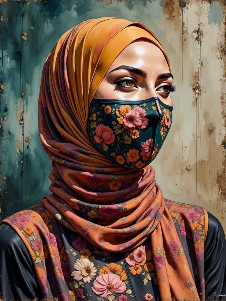 Beautiful Woman in Hijab and Facemask, Oil-Guache Style