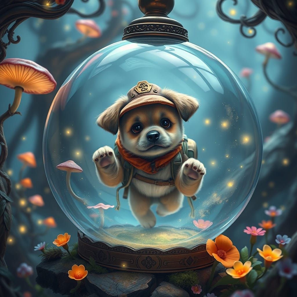 Enchanted Puppy Trapped in a Fantastical Glass Orb