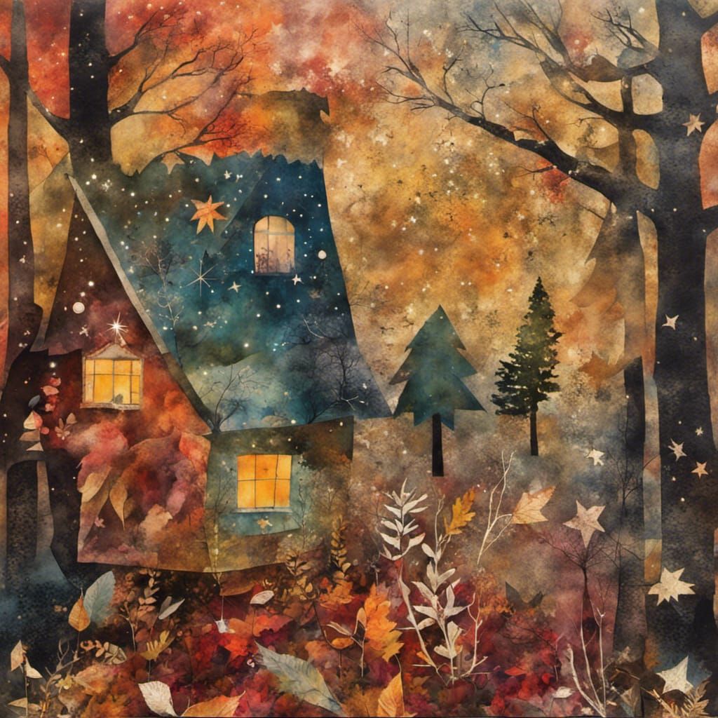Autumnal Woodsman's Hut: Mixed Media Collage