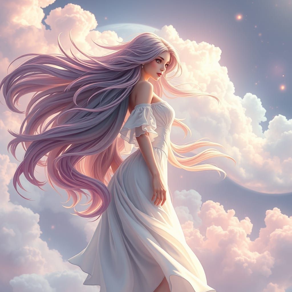 Ethereal Woman in Dreamy Cloudscape, Anime Art