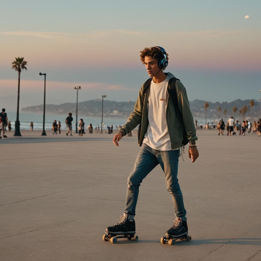 Teenager Skating at Sunset on Santa Monica Pier