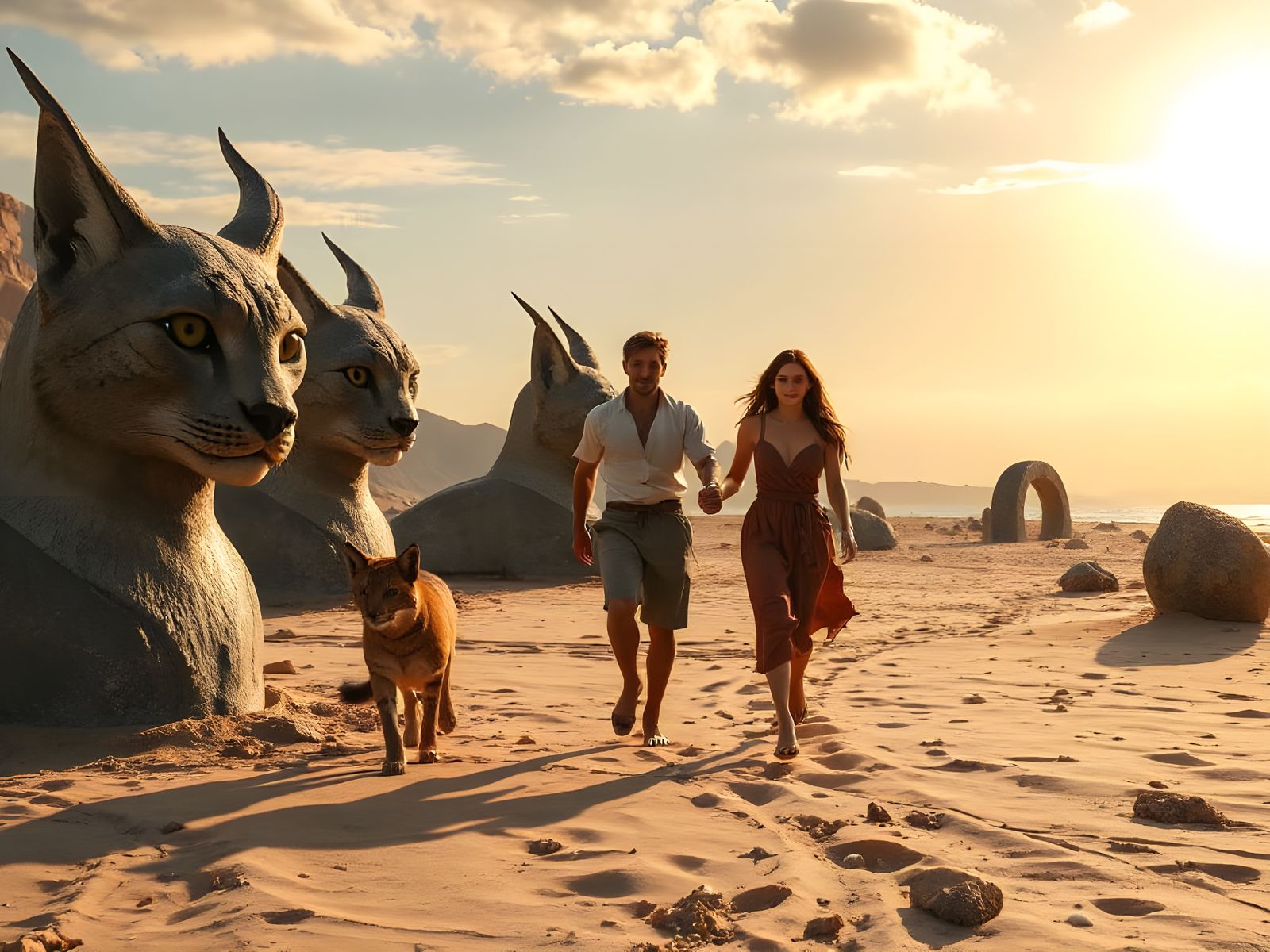 Children Running on Beach with Mythical Lynx and Statues