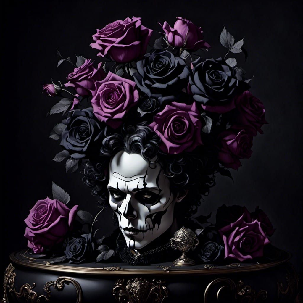 Vase of Violets and Black Roses