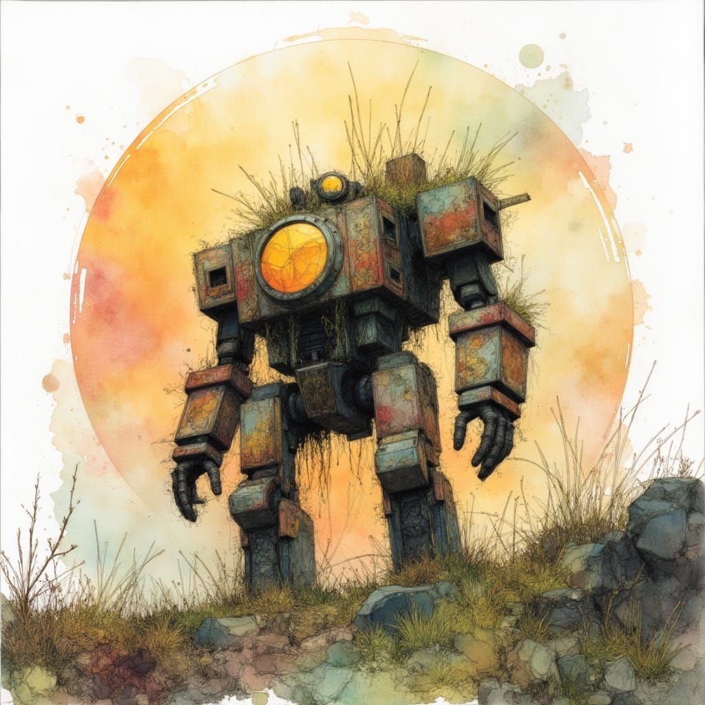 Giant Robot on Hill at Sunrise in Spring, Watercolour Sketch...