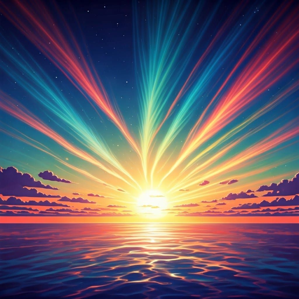 Rainbow Sun Bursts in Midnight Blue Sky