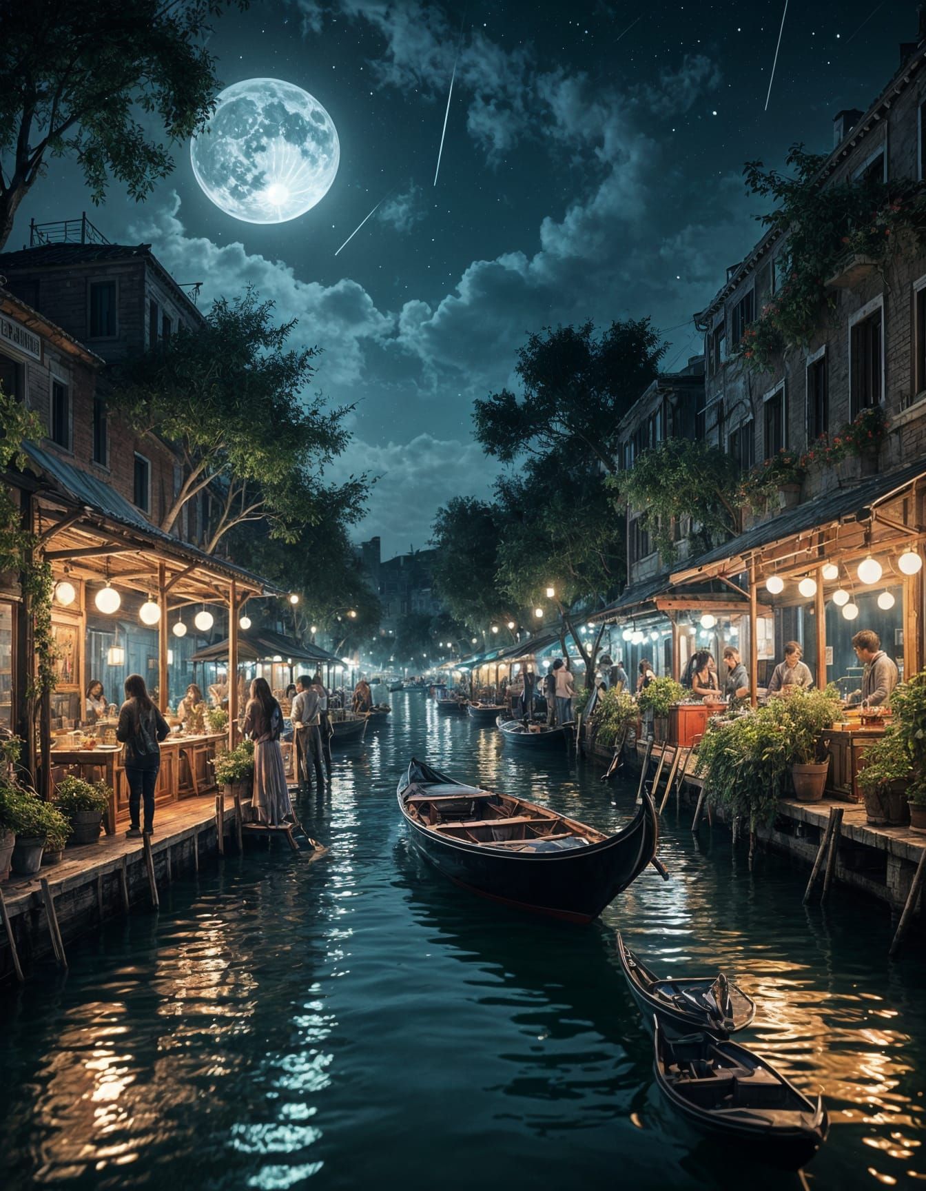 Ethereal Nighttime Watercolor of Venice Market