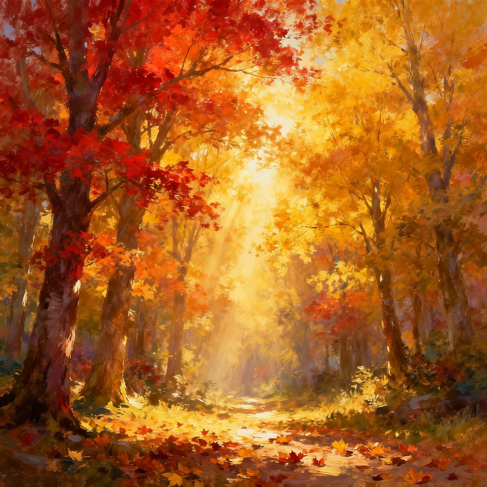 Autumn Forest Scene with Sunlight and Fallen Leaves