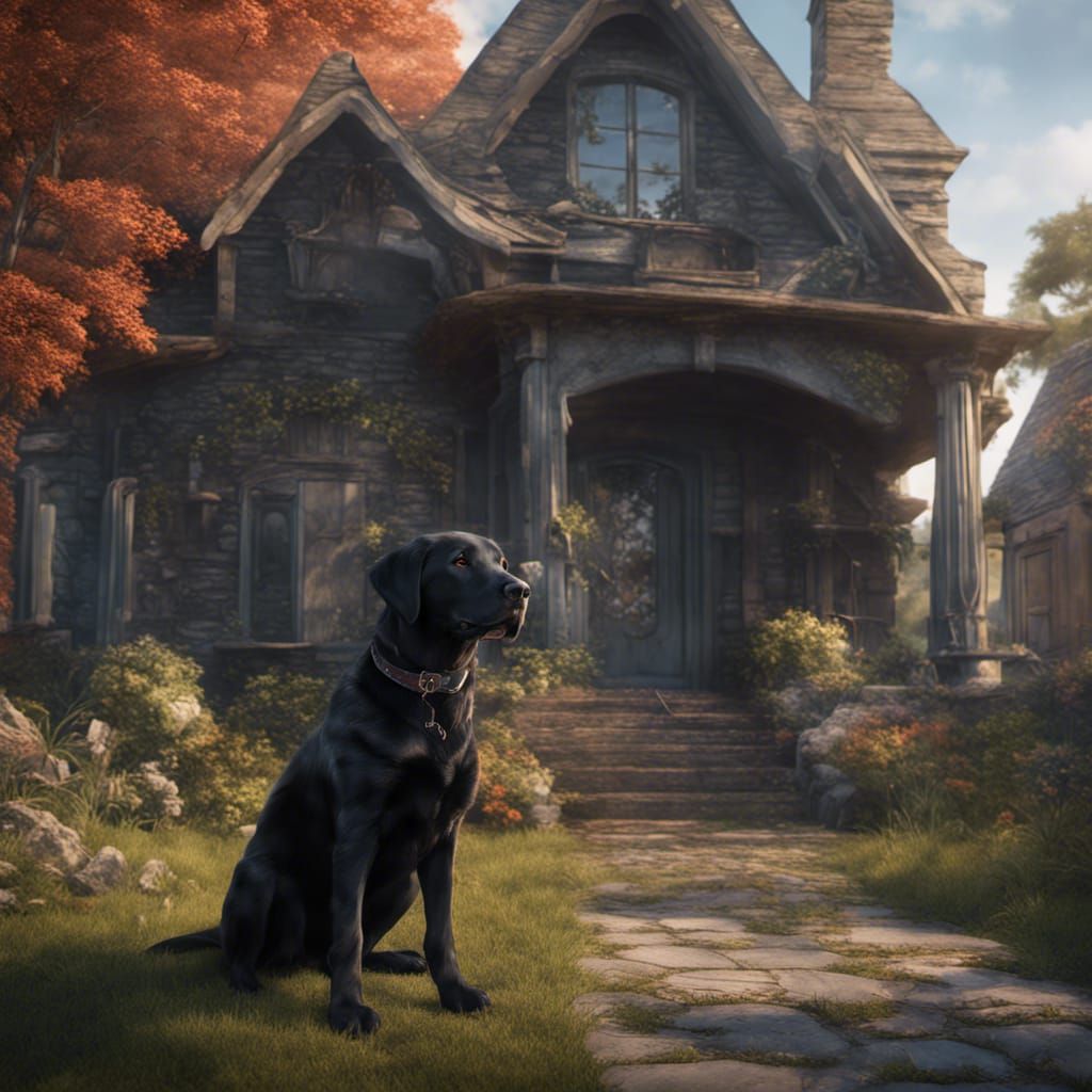 Black Lab Dog in Yard: Fantasy Concept Art