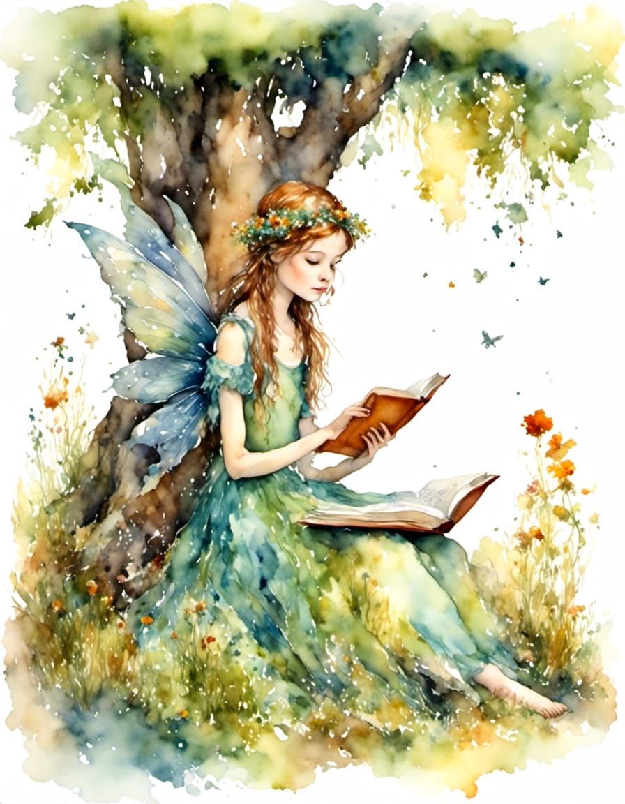 Whimsical Fairy Reading Book in Watercolor