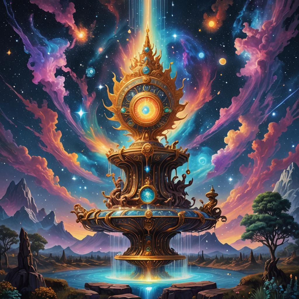 Cosmic Starseed Fountain in Night Sky: Astral Illustration