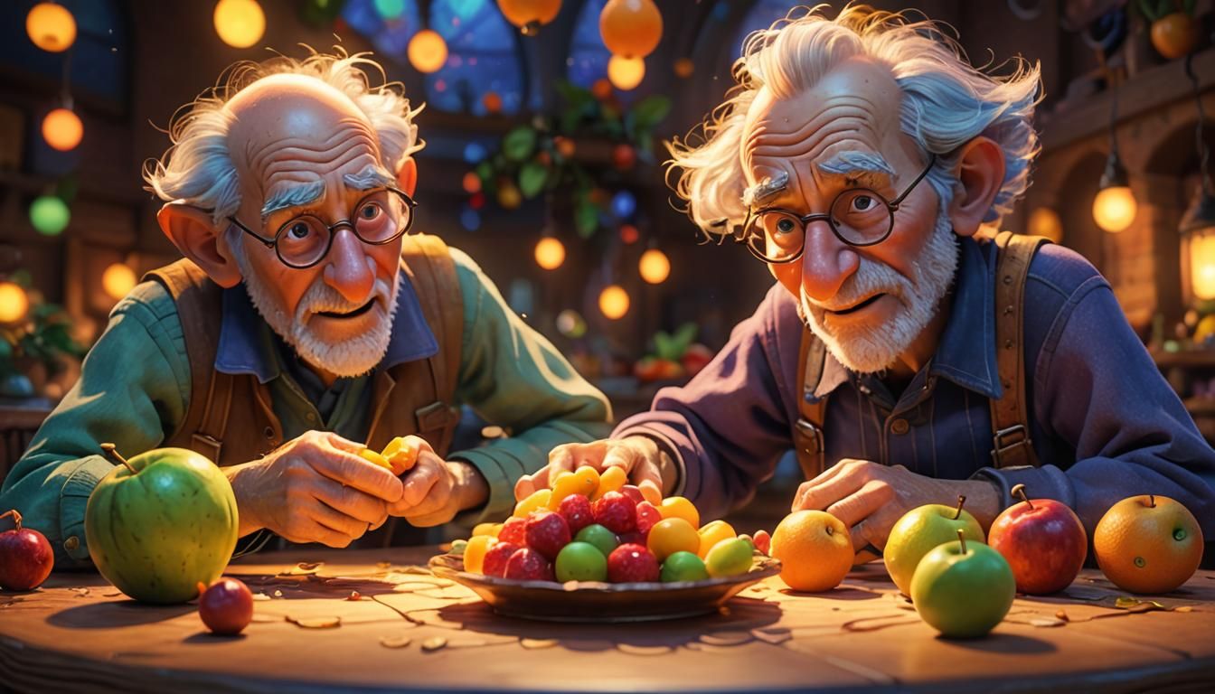Whimsical Old Man and Faerie in Pixar Style