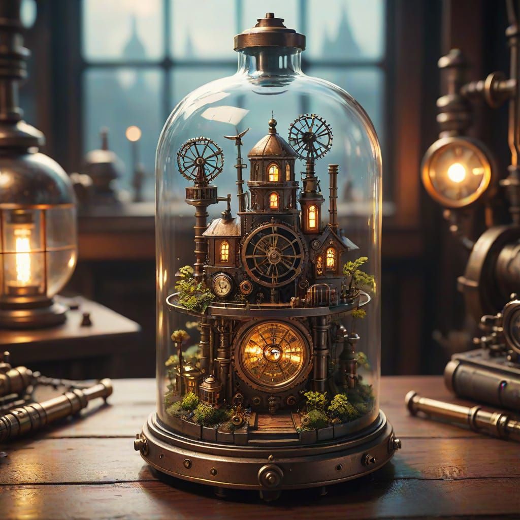 Steampunk Micro-World in a Bottle: 4K Art