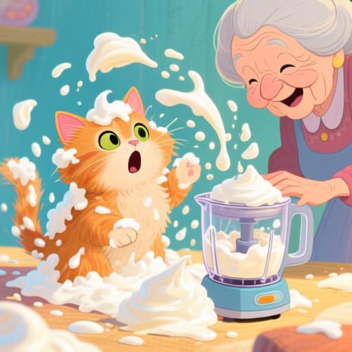 Whimsical Kitchen Chaos: Kitten Covered in Whipped Cream