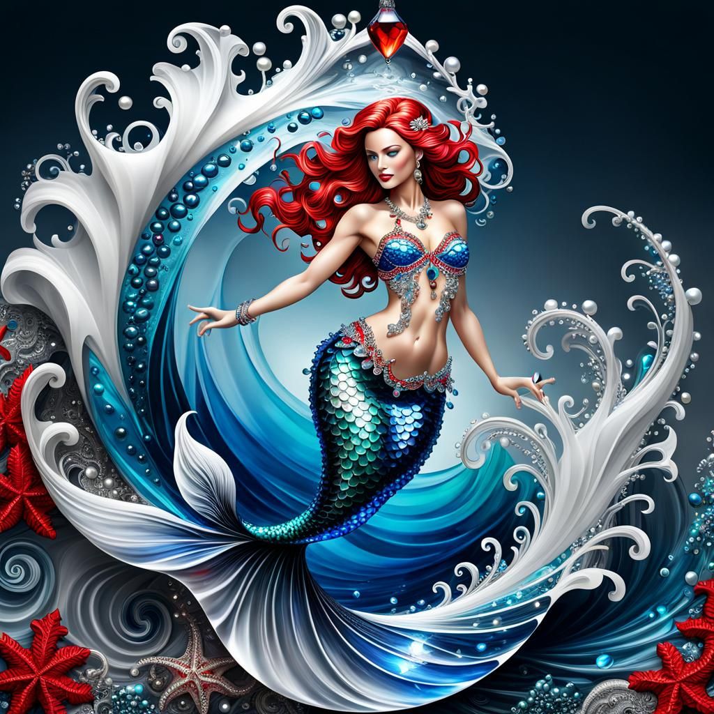 Detailed, Full Body view,  jeweled top crystal clear teardrop ornament, inside is a highly detailed  gorgeous Mermaid wi...