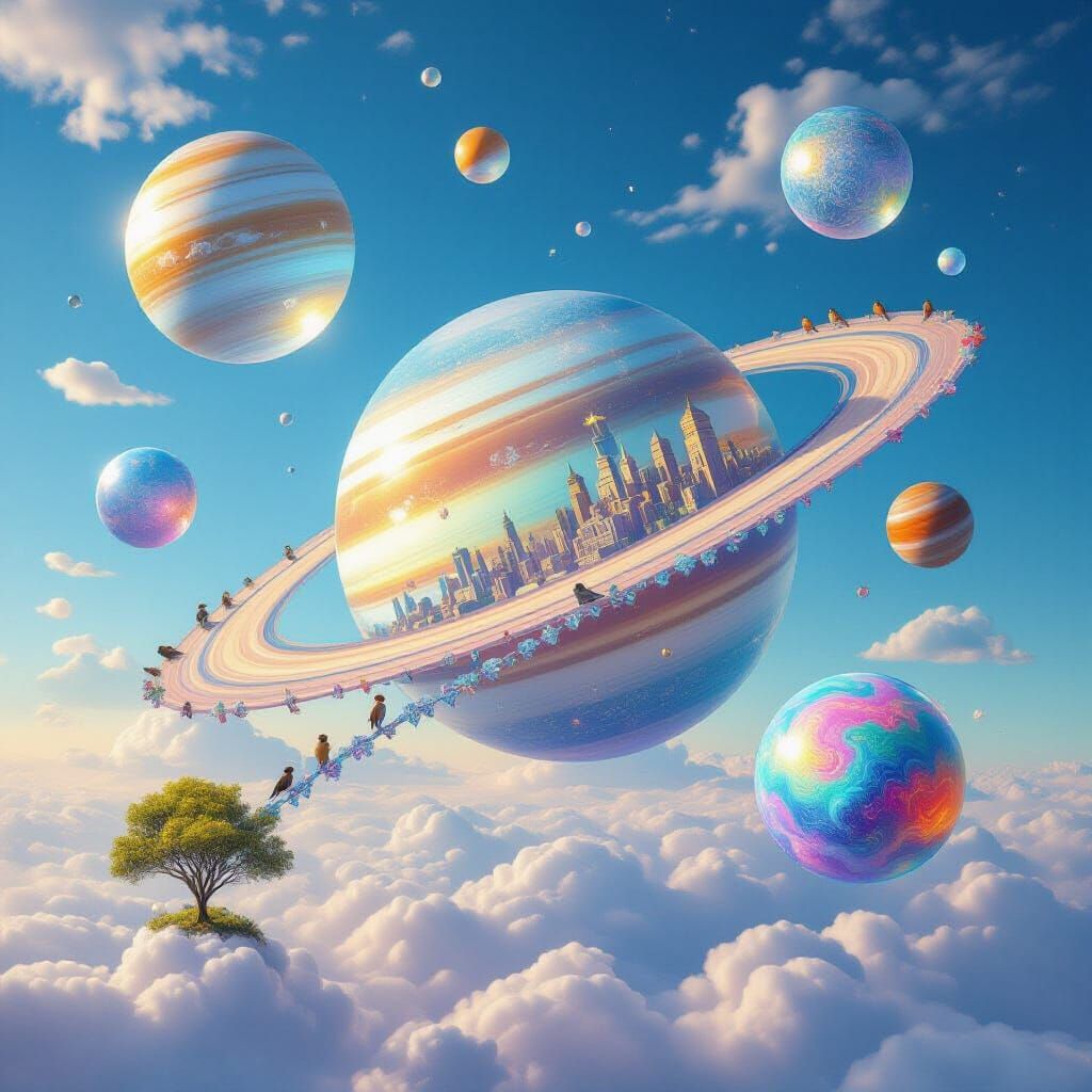 Opalescent Bubbles Solar System in Cotton Candy Clouds